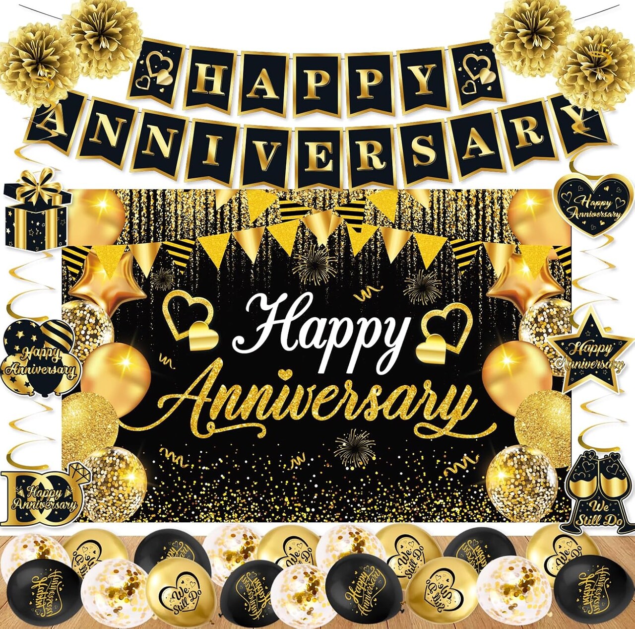 Happy Anniversary Decoration - Black & Gold Banner Set with 18 Balloons, Swirls & Pom Poms (Black, Gold)